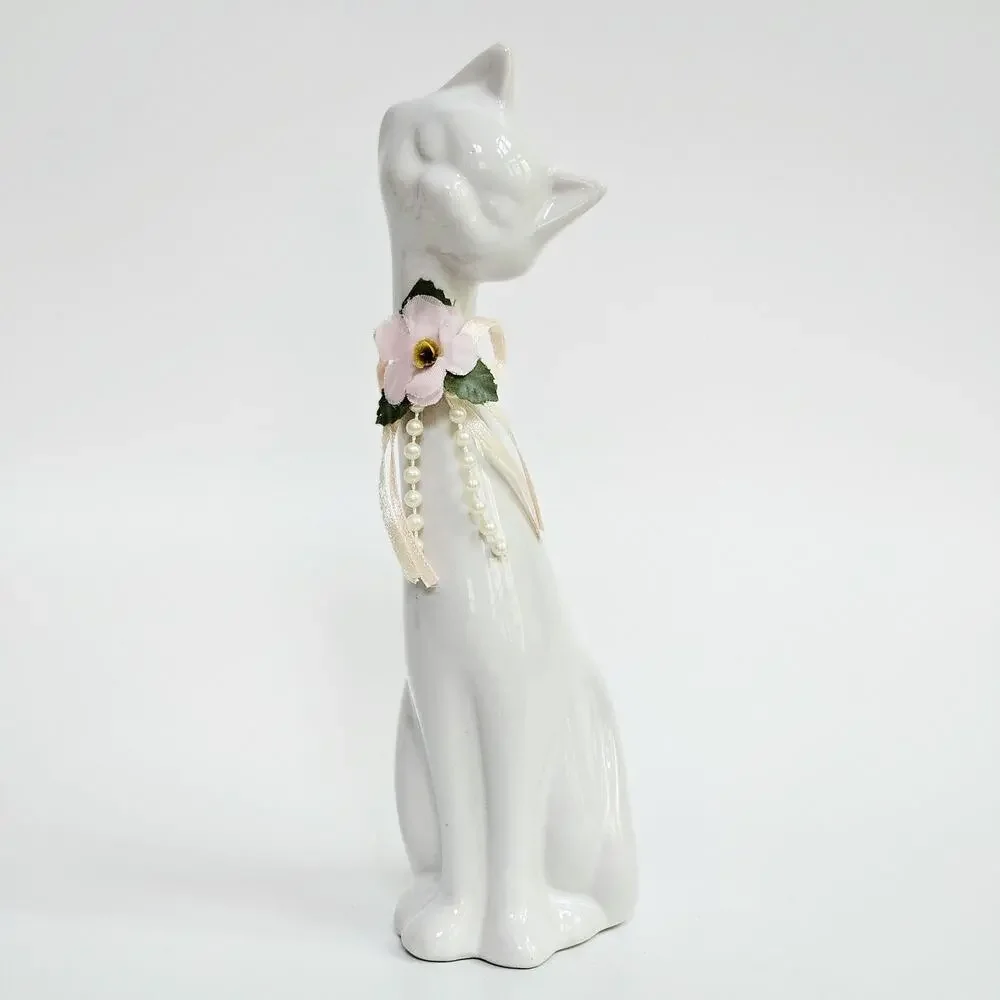 Vintage Mid-Century Tall White Ceramic Cat Figurine with Pink Floral Ribbon
